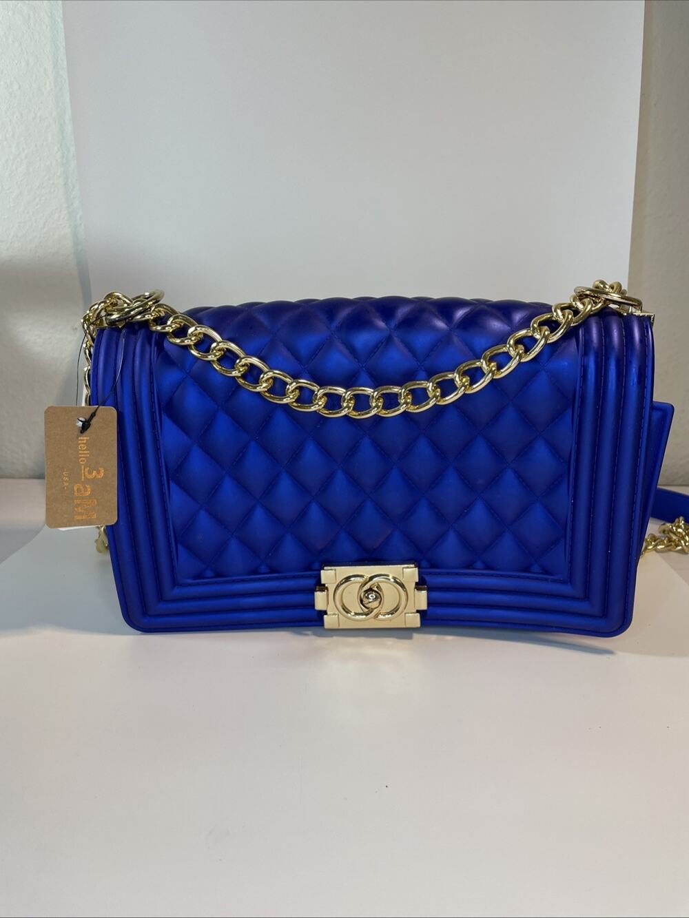 NWT Hello 3aM Royal Blue Jelly Quilted Crossbody Bag Gold Chain Flap Purse